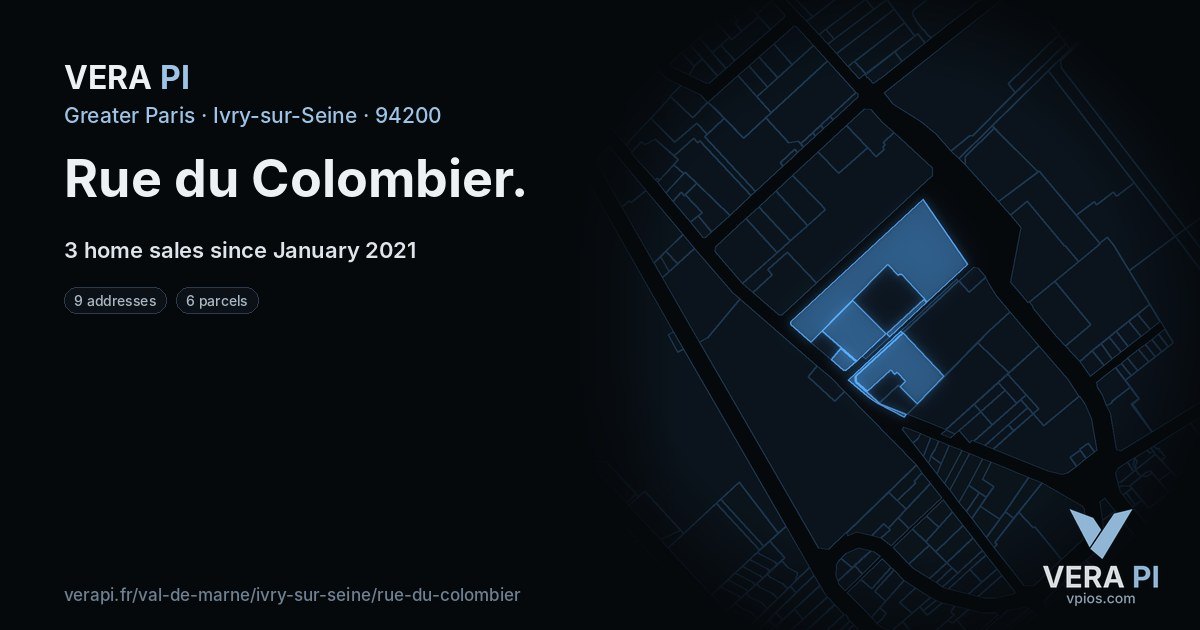 Rue du Colombier, Ivry-sur-Seine at night – every parcel coloured by the prices around it, the street's own parcels lit