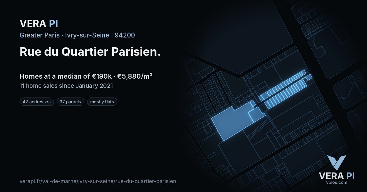 Rue du Quartier Parisien, Ivry-sur-Seine at night – every parcel coloured by the prices around it, the street's own parcels lit