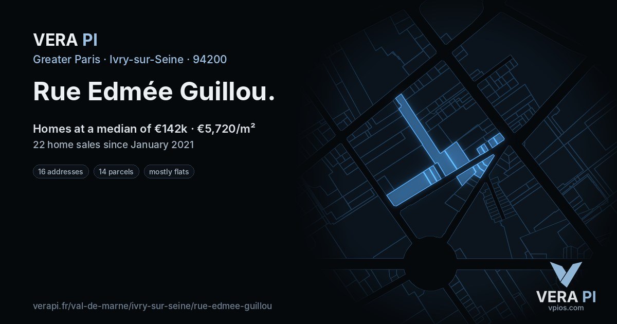 Rue Edmée Guillou, Ivry-sur-Seine at night – every parcel coloured by the prices around it, the street's own parcels lit