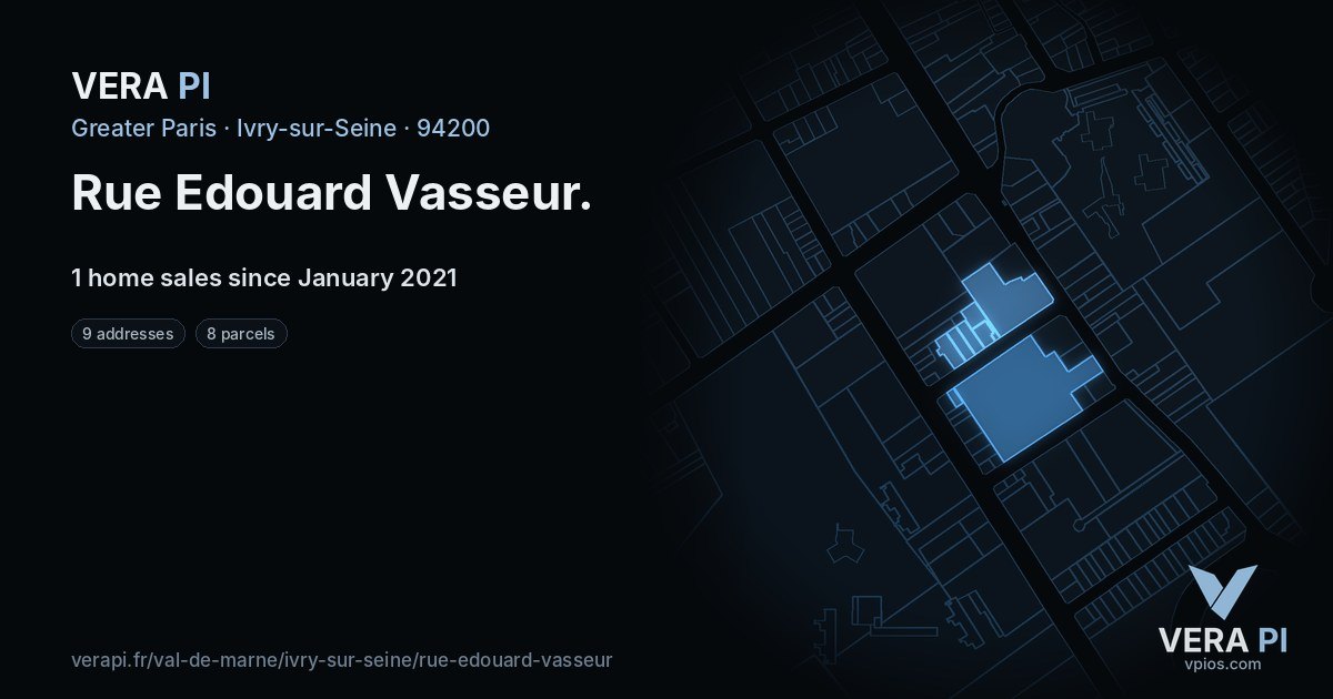 Rue Edouard Vasseur, Ivry-sur-Seine at night – every parcel coloured by the prices around it, the street's own parcels lit