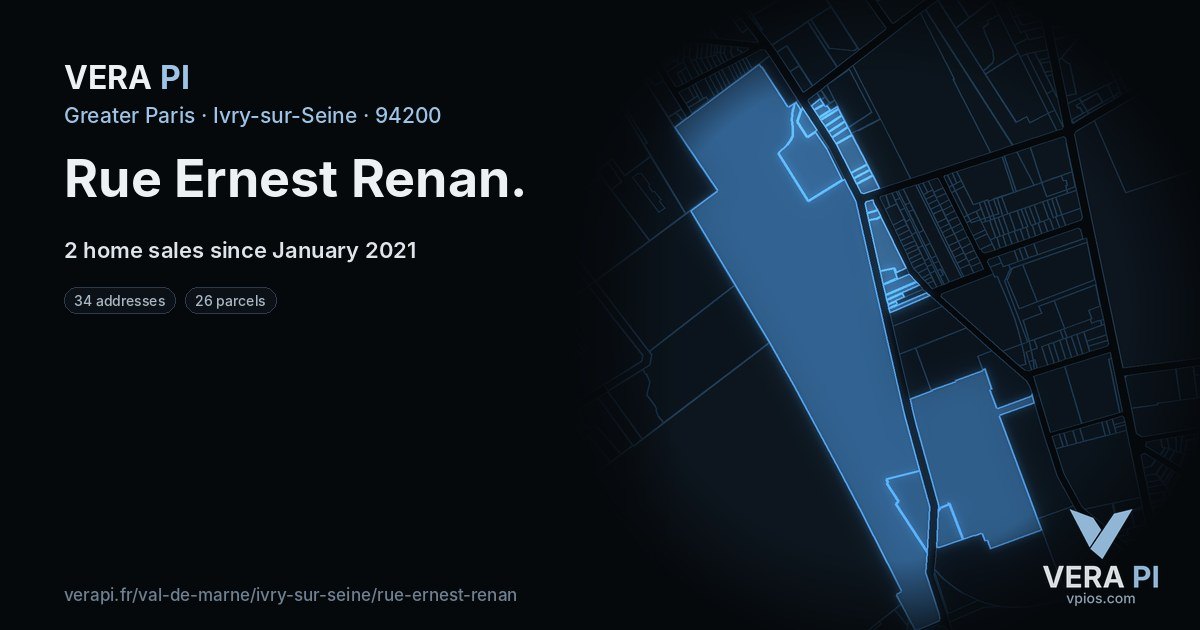 Rue Ernest Renan, Ivry-sur-Seine at night – every parcel coloured by the prices around it, the street's own parcels lit