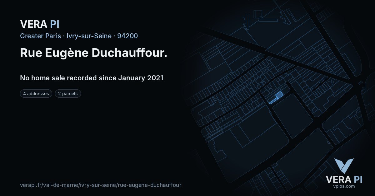 Rue Eugène Duchauffour, Ivry-sur-Seine at night – every parcel coloured by the prices around it, the street's own parcels lit