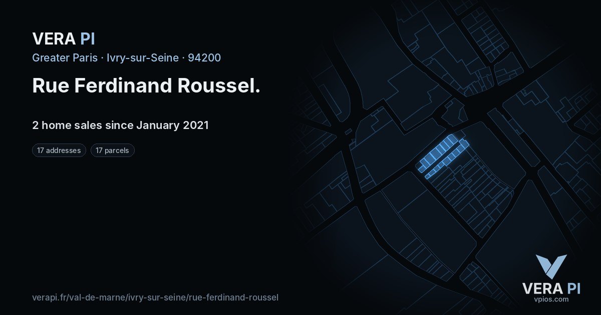 Rue Ferdinand Roussel, Ivry-sur-Seine at night – every parcel coloured by the prices around it, the street's own parcels lit
