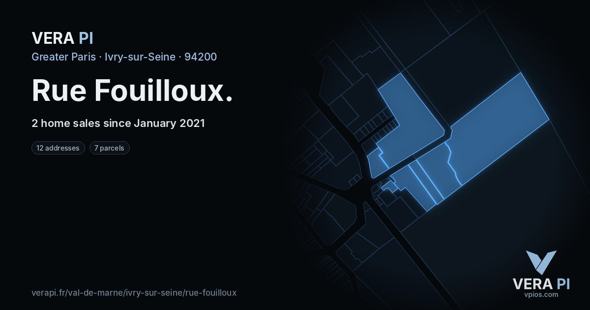 Rue Fouilloux, Ivry-sur-Seine at night – every parcel coloured by the prices around it, the street's own parcels lit