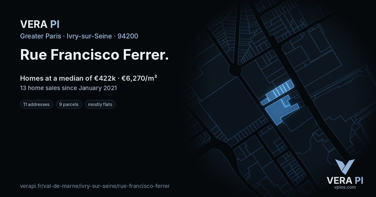 Rue Francisco Ferrer, Ivry-sur-Seine at night – every parcel coloured by the prices around it, the street's own parcels lit