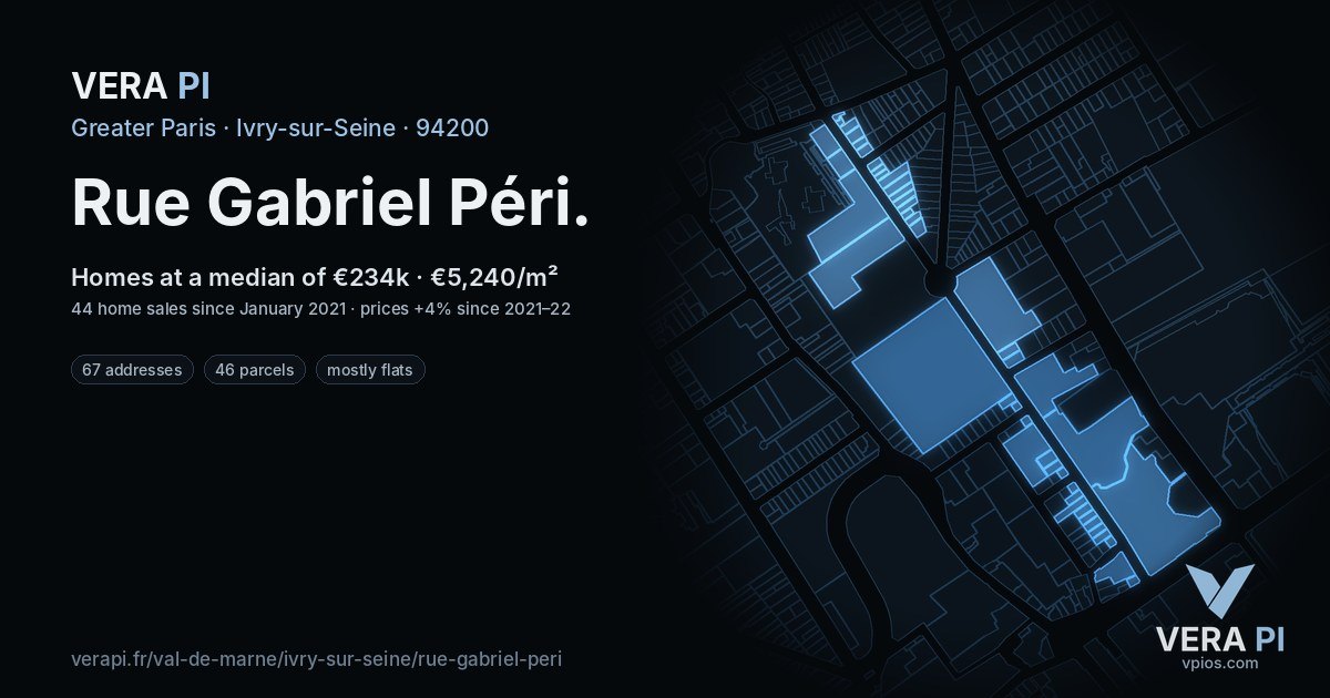Rue Gabriel Péri, Ivry-sur-Seine at night – every parcel coloured by the prices around it, the street's own parcels lit