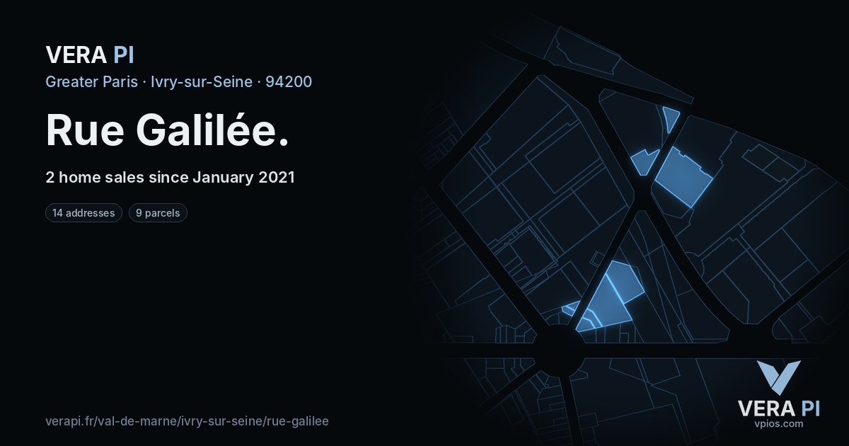 Rue Galilée, Ivry-sur-Seine at night – every parcel coloured by the prices around it, the street's own parcels lit
