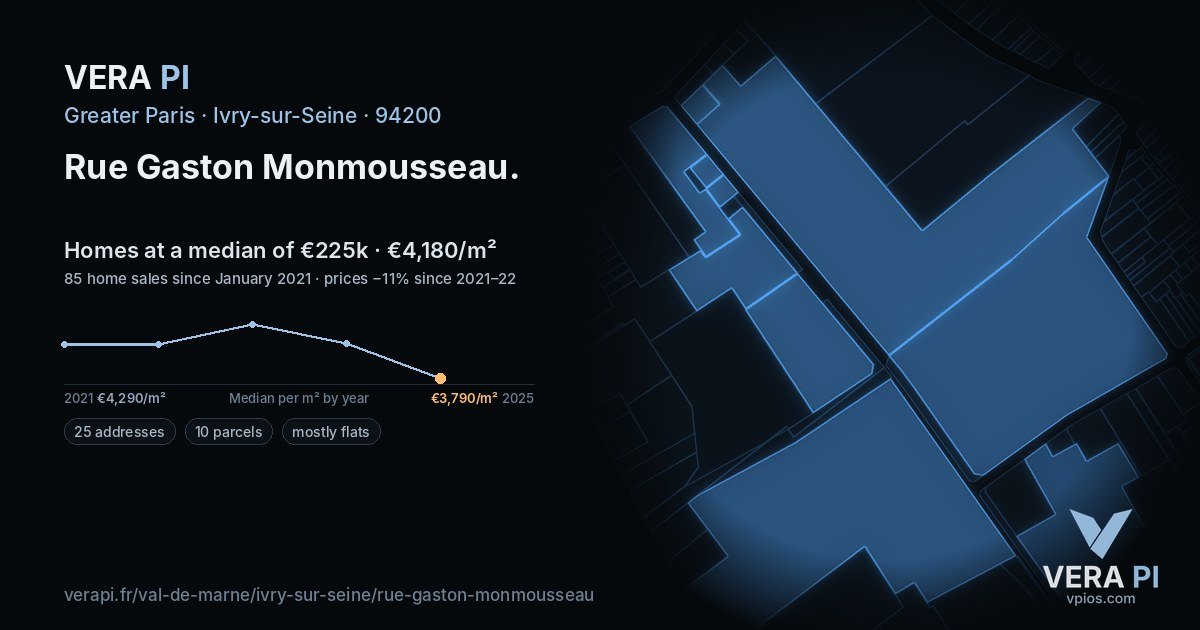 Rue Gaston Monmousseau, Ivry-sur-Seine at night – every parcel coloured by the prices around it, the street's own parcels lit