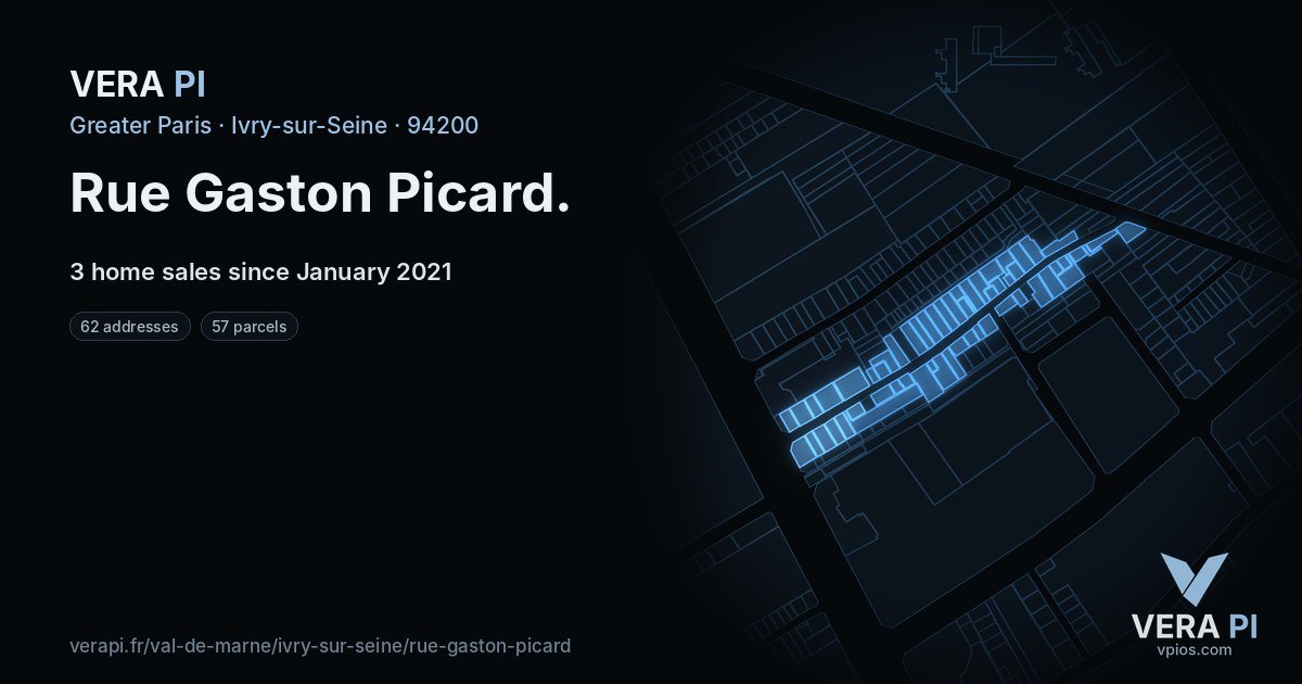 Rue Gaston Picard, Ivry-sur-Seine at night – every parcel coloured by the prices around it, the street's own parcels lit