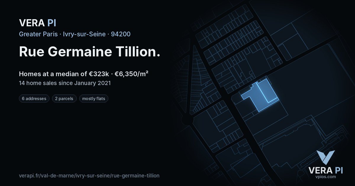 Rue Germaine Tillion, Ivry-sur-Seine at night – every parcel coloured by the prices around it, the street's own parcels lit