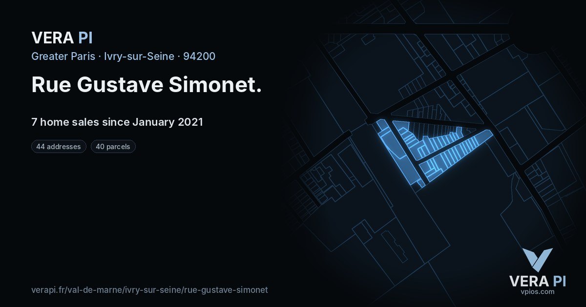 Rue Gustave Simonet, Ivry-sur-Seine at night – every parcel coloured by the prices around it, the street's own parcels lit