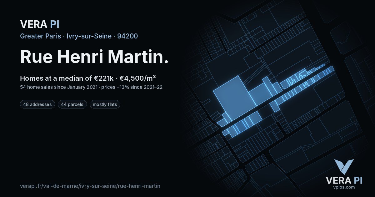 Rue Henri Martin, Ivry-sur-Seine at night – every parcel coloured by the prices around it, the street's own parcels lit
