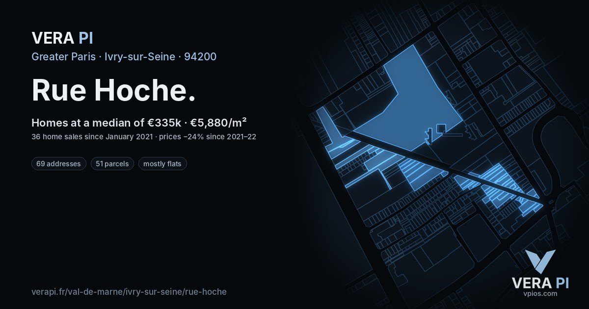 Rue Hoche, Ivry-sur-Seine at night – every parcel coloured by the prices around it, the street's own parcels lit