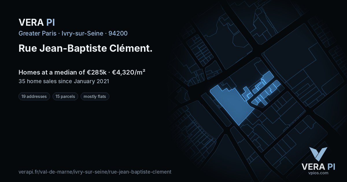 Rue Jean-Baptiste Clément, Ivry-sur-Seine at night – every parcel coloured by the prices around it, the street's own parcels lit