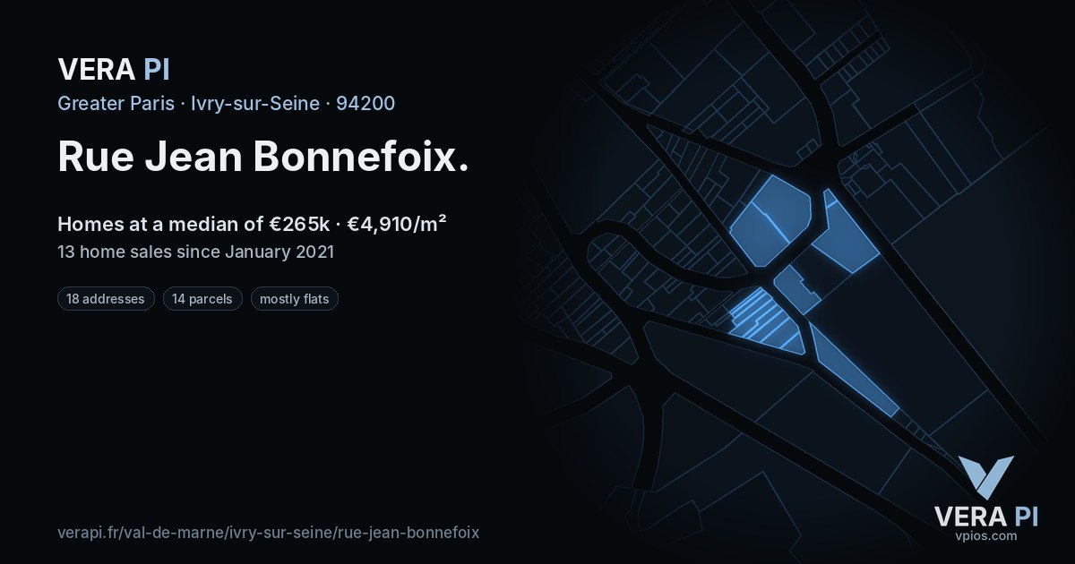 Rue Jean Bonnefoix, Ivry-sur-Seine at night – every parcel coloured by the prices around it, the street's own parcels lit
