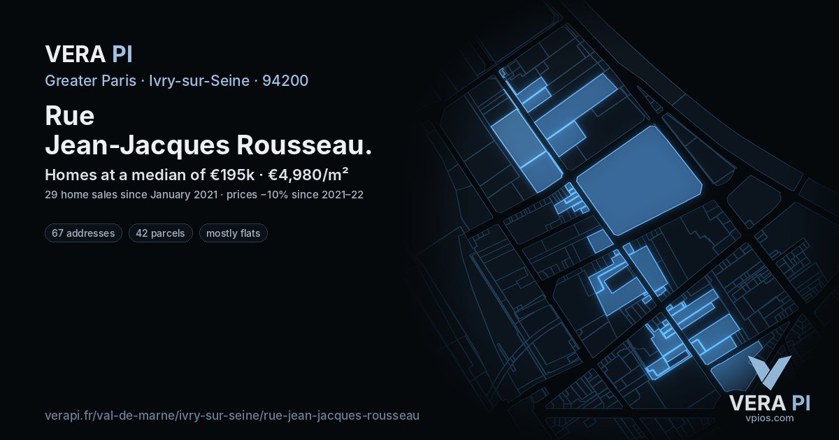 Rue Jean-Jacques Rousseau, Ivry-sur-Seine at night – every parcel coloured by the prices around it, the street's own parcels lit