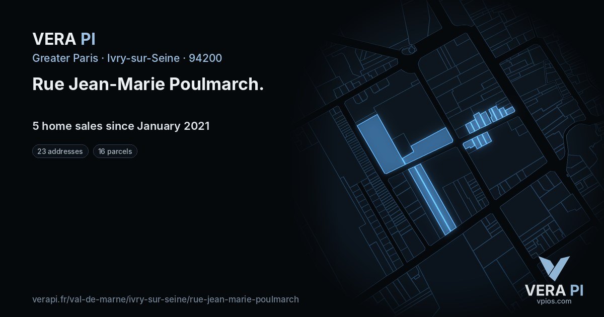 Rue Jean-Marie Poulmarch, Ivry-sur-Seine at night – every parcel coloured by the prices around it, the street's own parcels lit