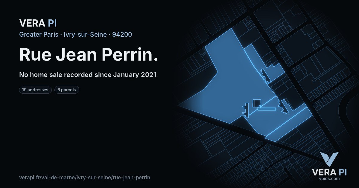 Rue Jean Perrin, Ivry-sur-Seine at night – every parcel coloured by the prices around it, the street's own parcels lit