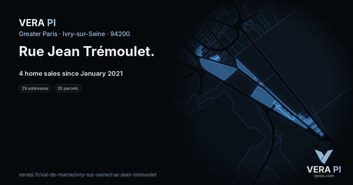 Rue Jean Trémoulet, Ivry-sur-Seine at night – every parcel coloured by the prices around it, the street's own parcels lit