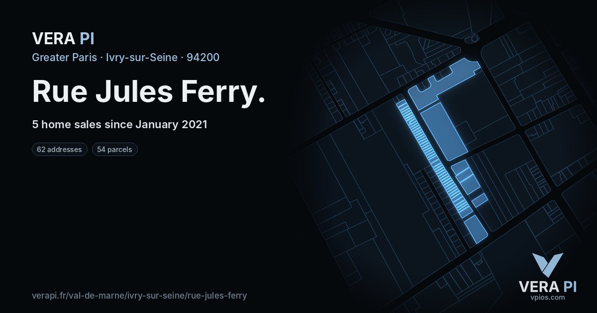Rue Jules Ferry, Ivry-sur-Seine at night – every parcel coloured by the prices around it, the street's own parcels lit