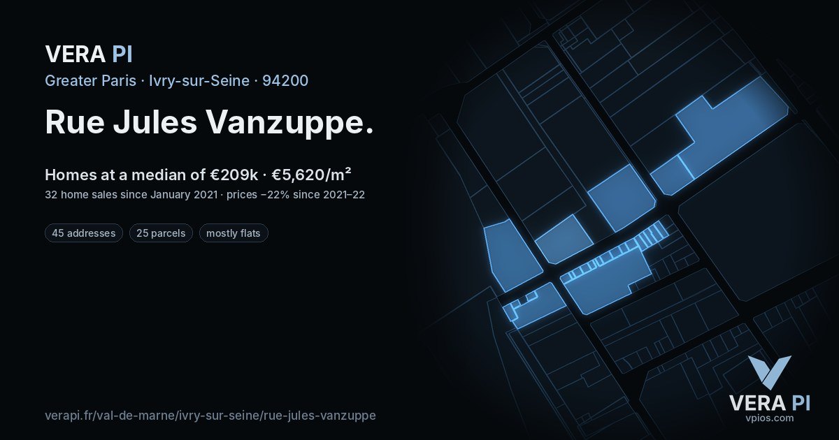 Rue Jules Vanzuppe, Ivry-sur-Seine at night – every parcel coloured by the prices around it, the street's own parcels lit