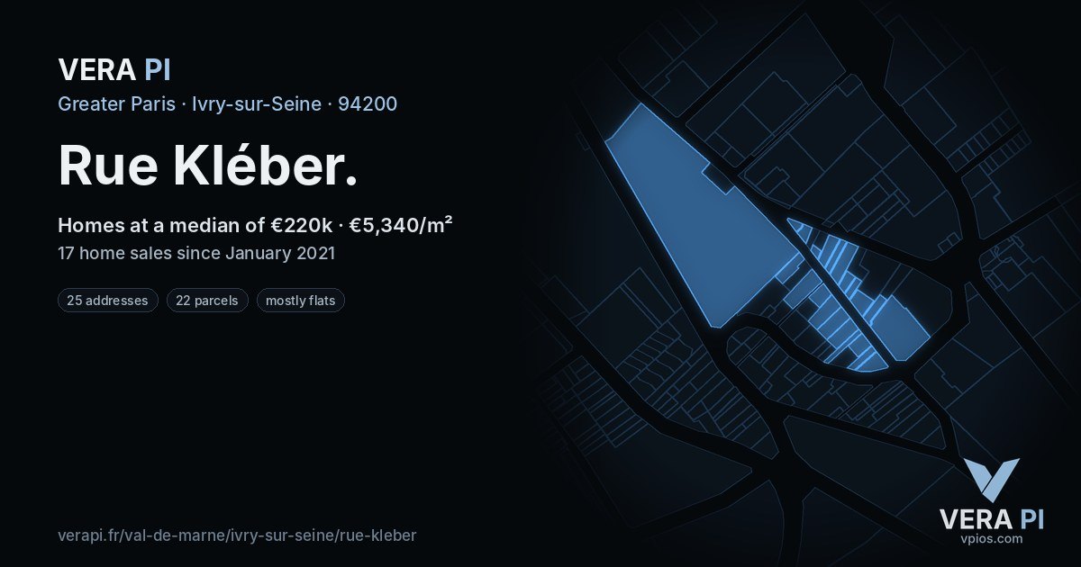 Rue Kléber, Ivry-sur-Seine at night – every parcel coloured by the prices around it, the street's own parcels lit