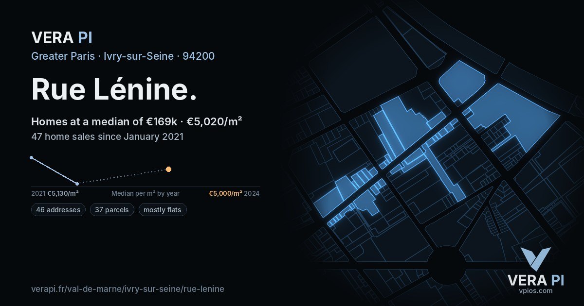 Rue Lénine, Ivry-sur-Seine at night – every parcel coloured by the prices around it, the street's own parcels lit