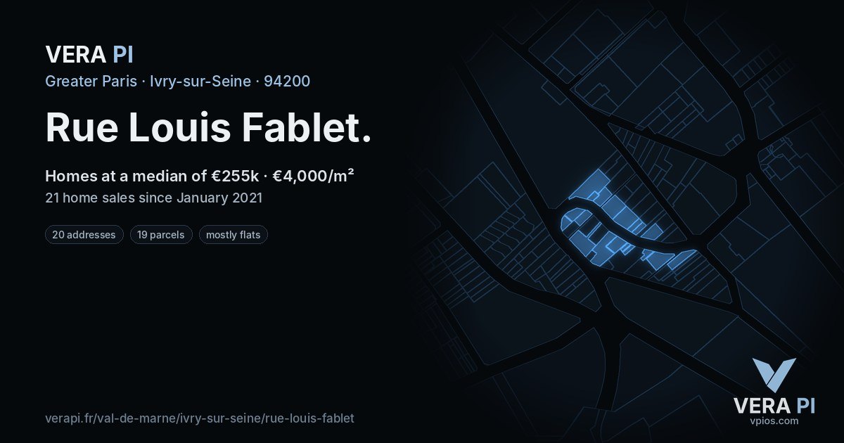 Rue Louis Fablet, Ivry-sur-Seine at night – every parcel coloured by the prices around it, the street's own parcels lit