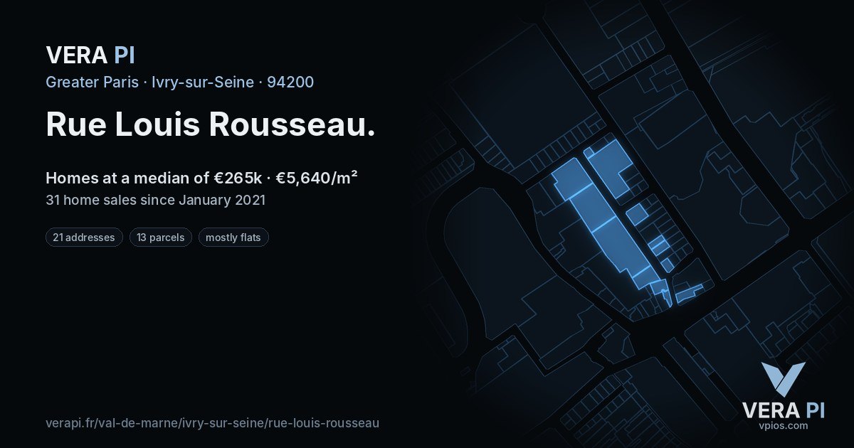 Rue Louis Rousseau, Ivry-sur-Seine at night – every parcel coloured by the prices around it, the street's own parcels lit
