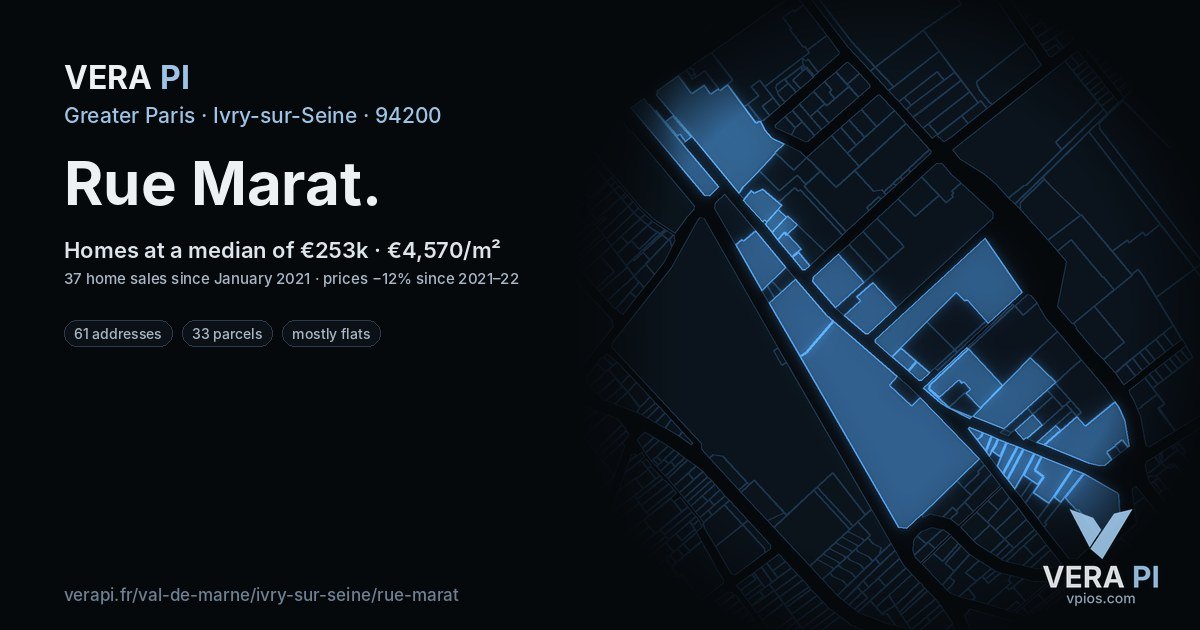 Rue Marat, Ivry-sur-Seine at night – every parcel coloured by the prices around it, the street's own parcels lit