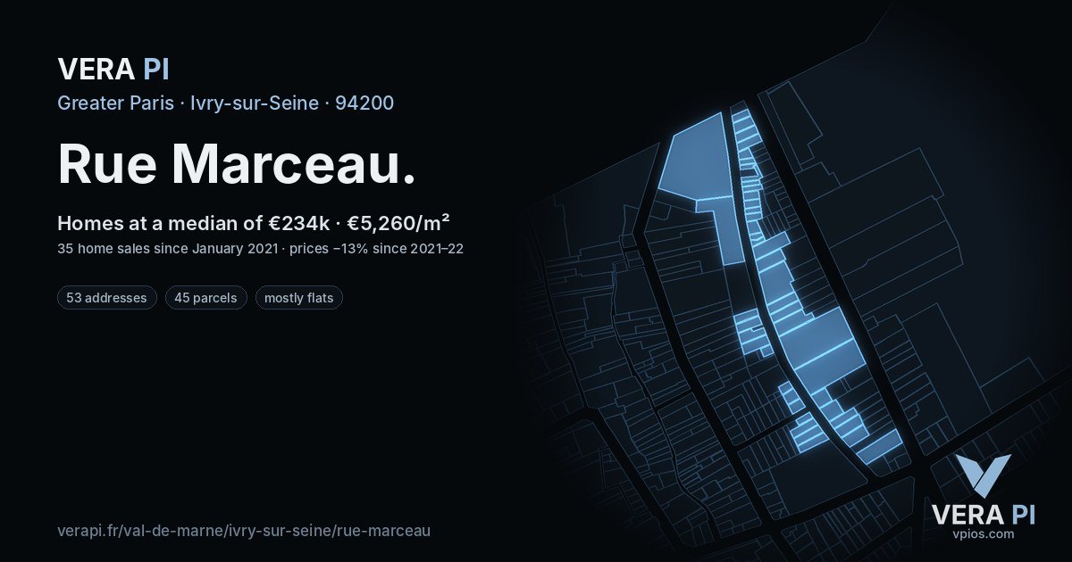 Rue Marceau, Ivry-sur-Seine at night – every parcel coloured by the prices around it, the street's own parcels lit