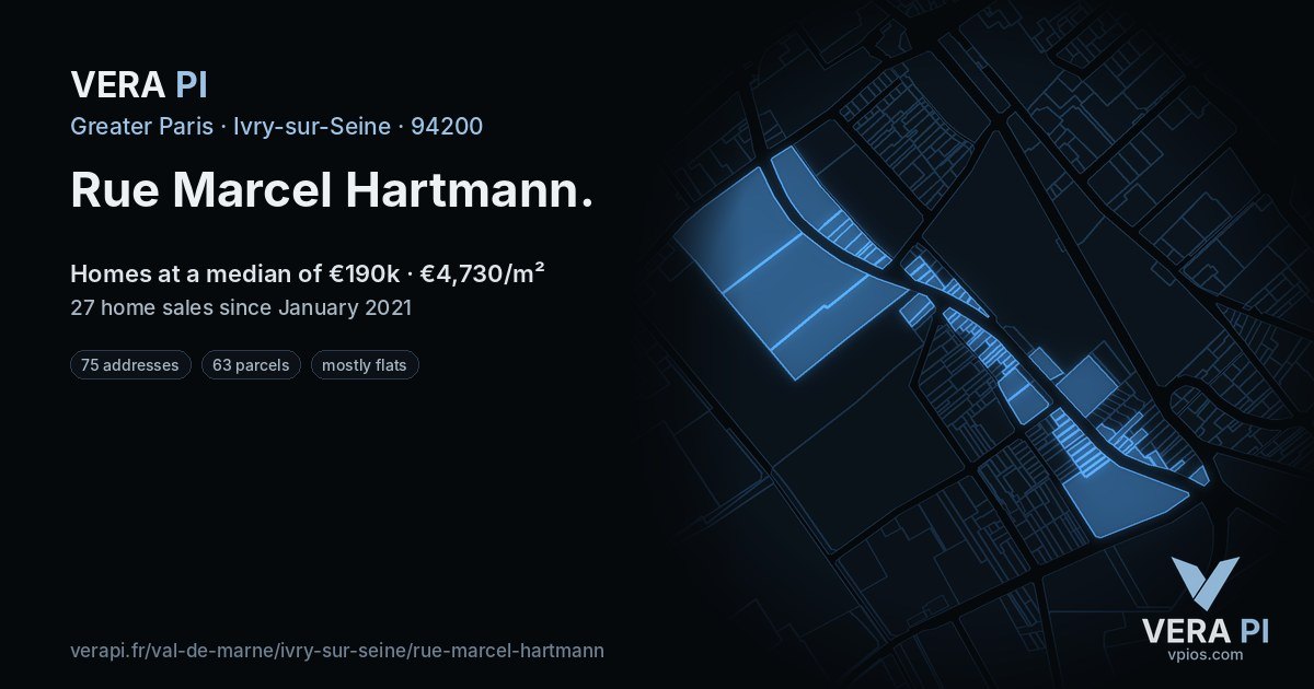 Rue Marcel Hartmann, Ivry-sur-Seine at night – every parcel coloured by the prices around it, the street's own parcels lit