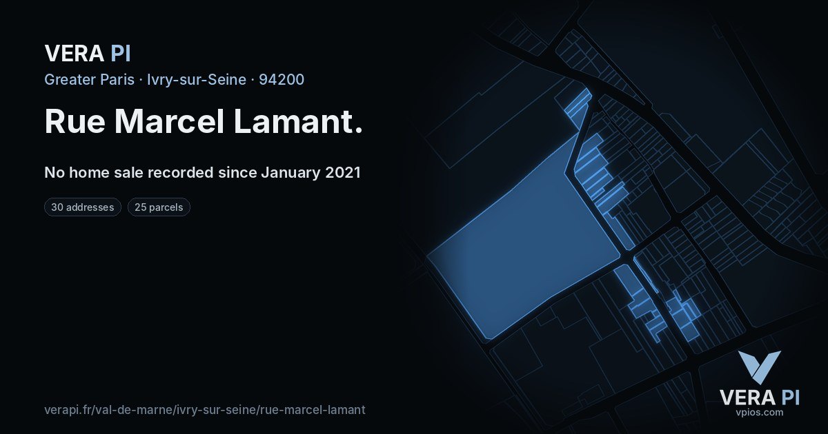 Rue Marcel Lamant, Ivry-sur-Seine at night – every parcel coloured by the prices around it, the street's own parcels lit