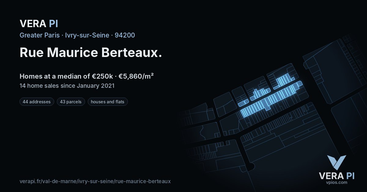 Rue Maurice Berteaux, Ivry-sur-Seine at night – every parcel coloured by the prices around it, the street's own parcels lit