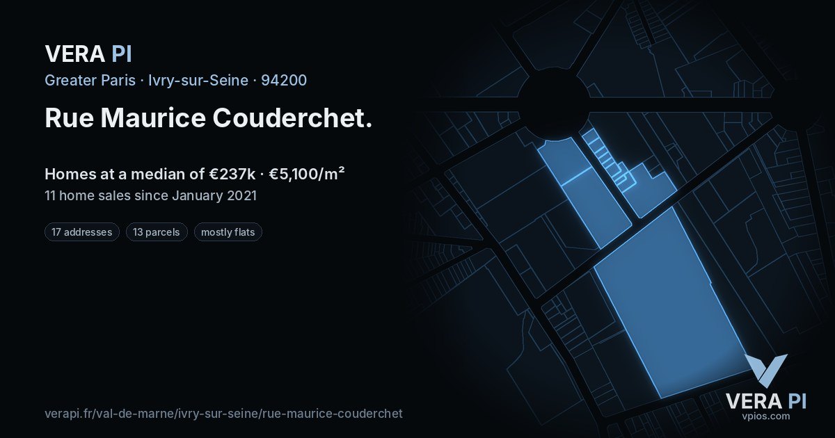 Rue Maurice Couderchet, Ivry-sur-Seine at night – every parcel coloured by the prices around it, the street's own parcels lit