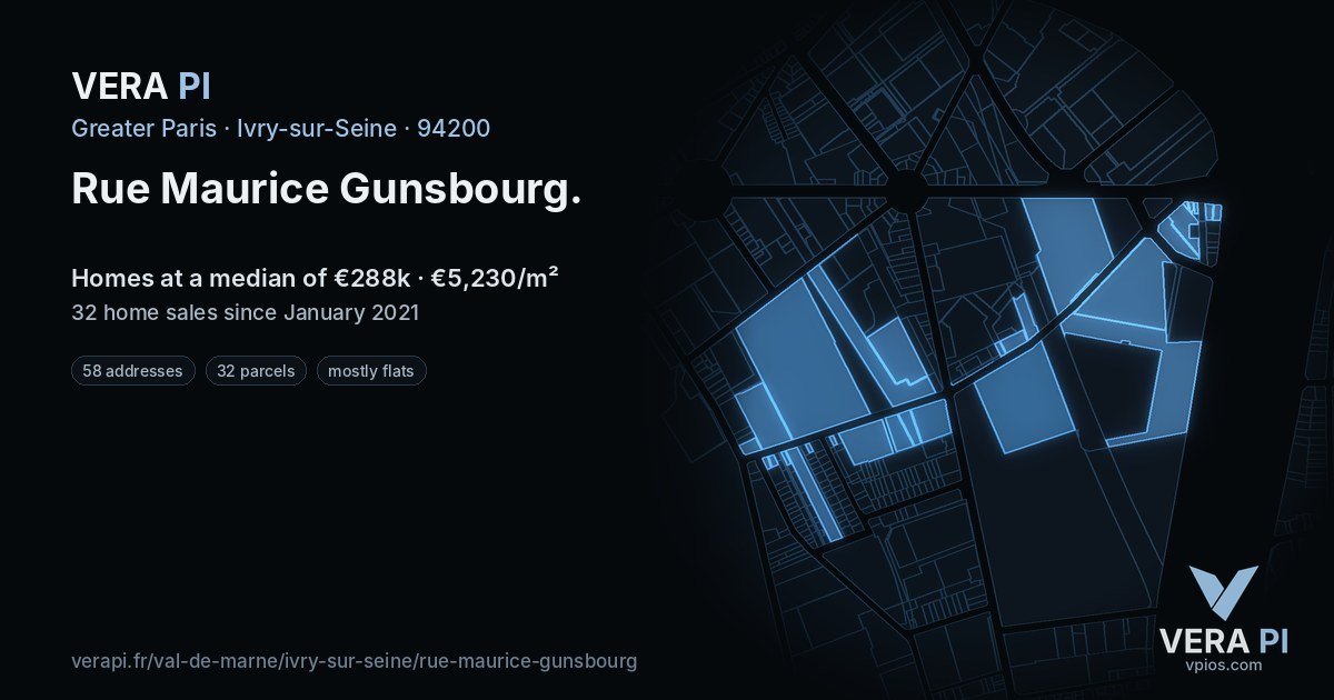 Rue Maurice Gunsbourg, Ivry-sur-Seine at night – every parcel coloured by the prices around it, the street's own parcels lit