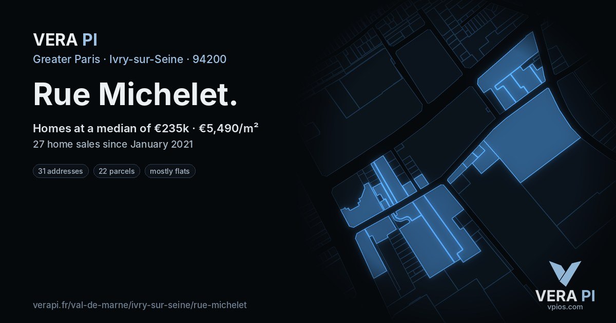 Rue Michelet, Ivry-sur-Seine at night – every parcel coloured by the prices around it, the street's own parcels lit