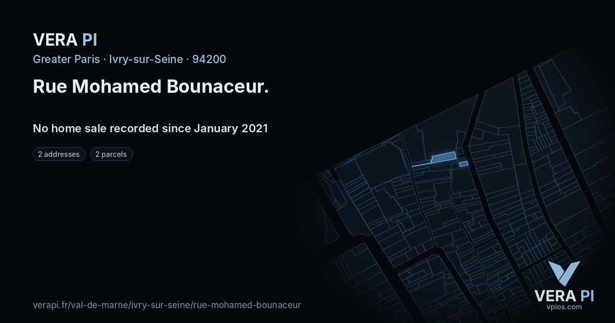 Rue Mohamed Bounaceur, Ivry-sur-Seine at night – every parcel coloured by the prices around it, the street's own parcels lit