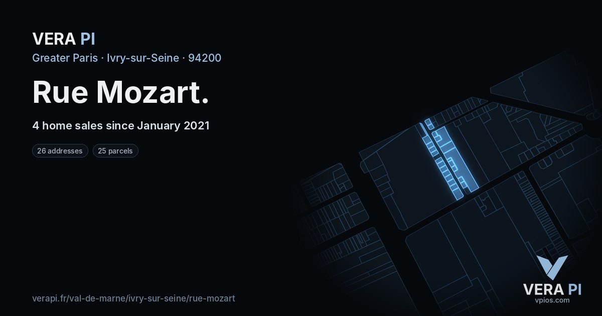 Rue Mozart, Ivry-sur-Seine at night – every parcel coloured by the prices around it, the street's own parcels lit