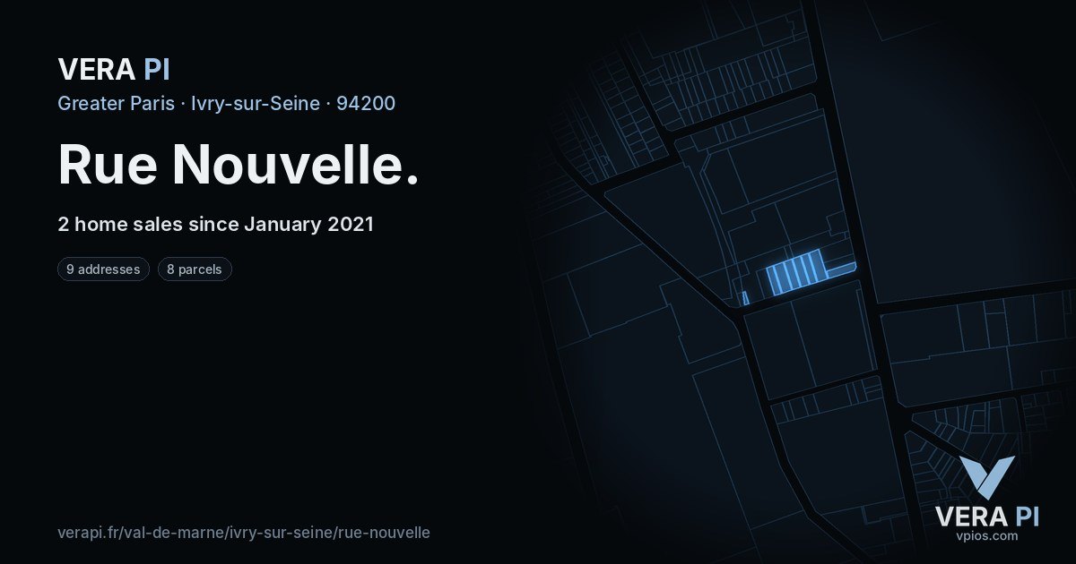 Rue Nouvelle, Ivry-sur-Seine at night – every parcel coloured by the prices around it, the street's own parcels lit