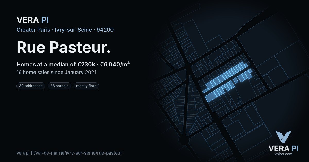 Rue Pasteur, Ivry-sur-Seine at night – every parcel coloured by the prices around it, the street's own parcels lit