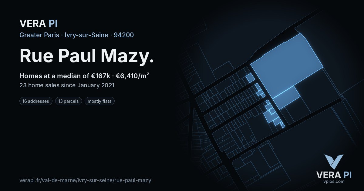 Rue Paul Mazy, Ivry-sur-Seine at night – every parcel coloured by the prices around it, the street's own parcels lit
