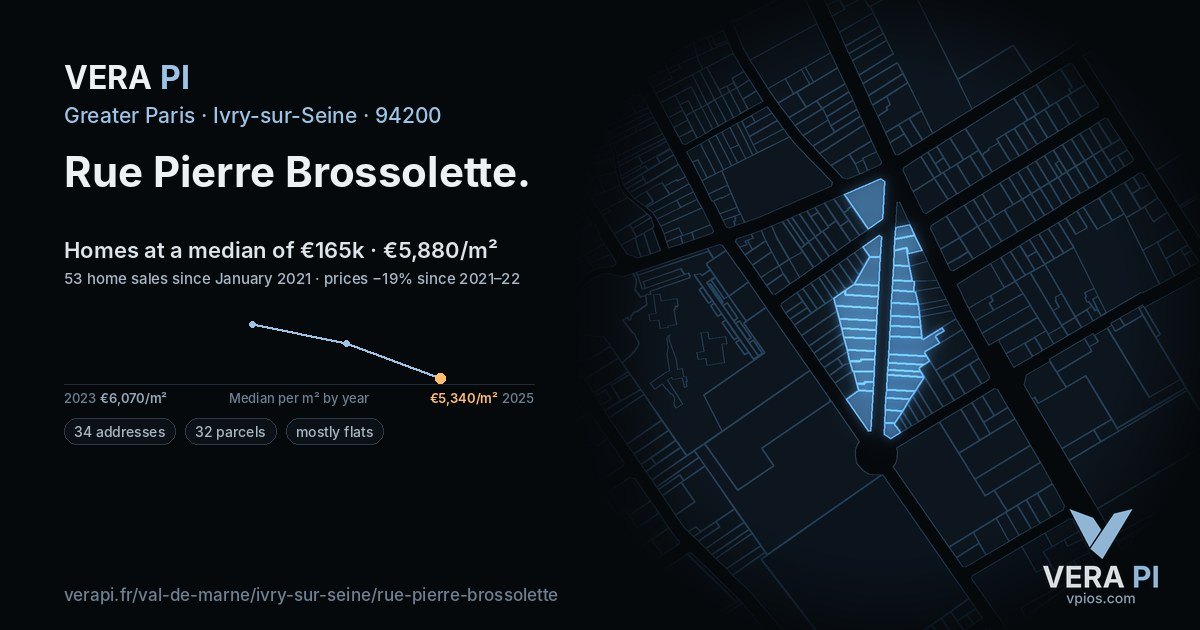 Rue Pierre Brossolette, Ivry-sur-Seine at night – every parcel coloured by the prices around it, the street's own parcels lit