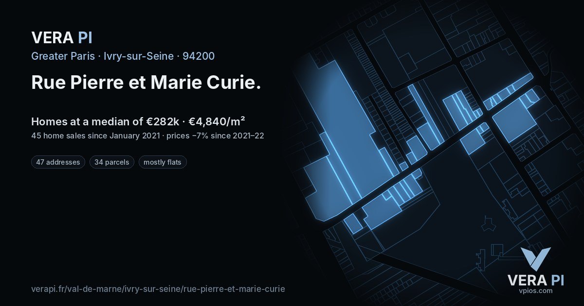 Rue Pierre et Marie Curie, Ivry-sur-Seine at night – every parcel coloured by the prices around it, the street's own parcels lit