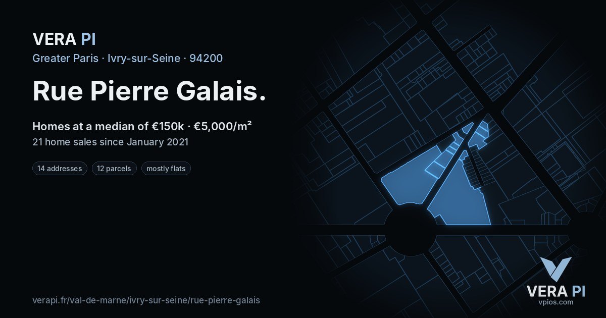 Rue Pierre Galais, Ivry-sur-Seine at night – every parcel coloured by the prices around it, the street's own parcels lit