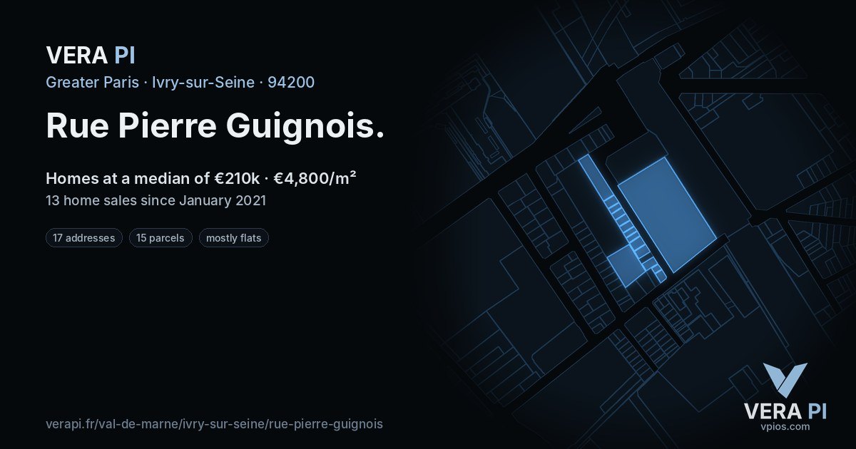 Rue Pierre Guignois, Ivry-sur-Seine at night – every parcel coloured by the prices around it, the street's own parcels lit