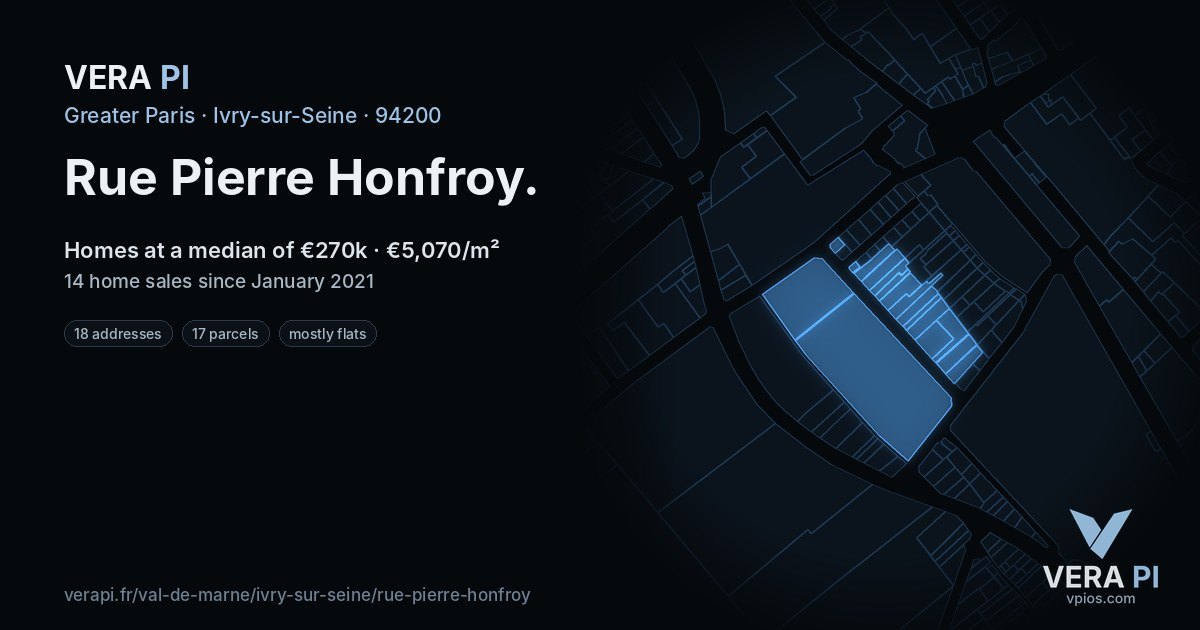 Rue Pierre Honfroy, Ivry-sur-Seine at night – every parcel coloured by the prices around it, the street's own parcels lit
