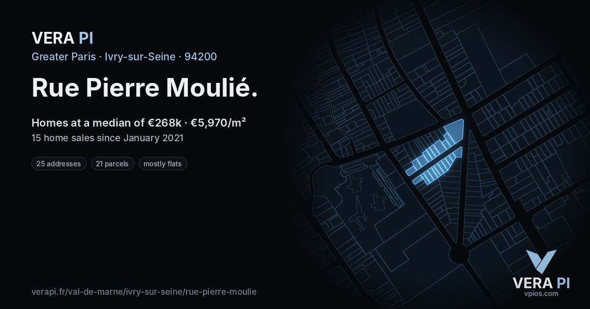 Rue Pierre Moulié, Ivry-sur-Seine at night – every parcel coloured by the prices around it, the street's own parcels lit