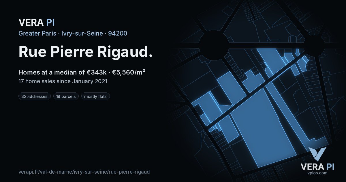 Rue Pierre Rigaud, Ivry-sur-Seine at night – every parcel coloured by the prices around it, the street's own parcels lit