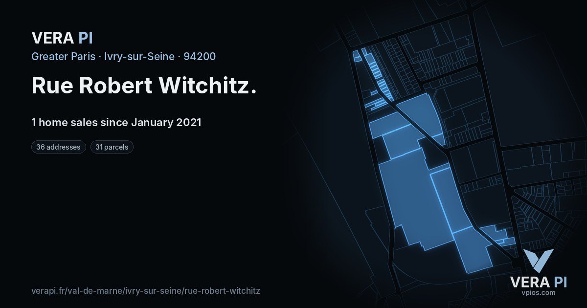 Rue Robert Witchitz, Ivry-sur-Seine at night – every parcel coloured by the prices around it, the street's own parcels lit